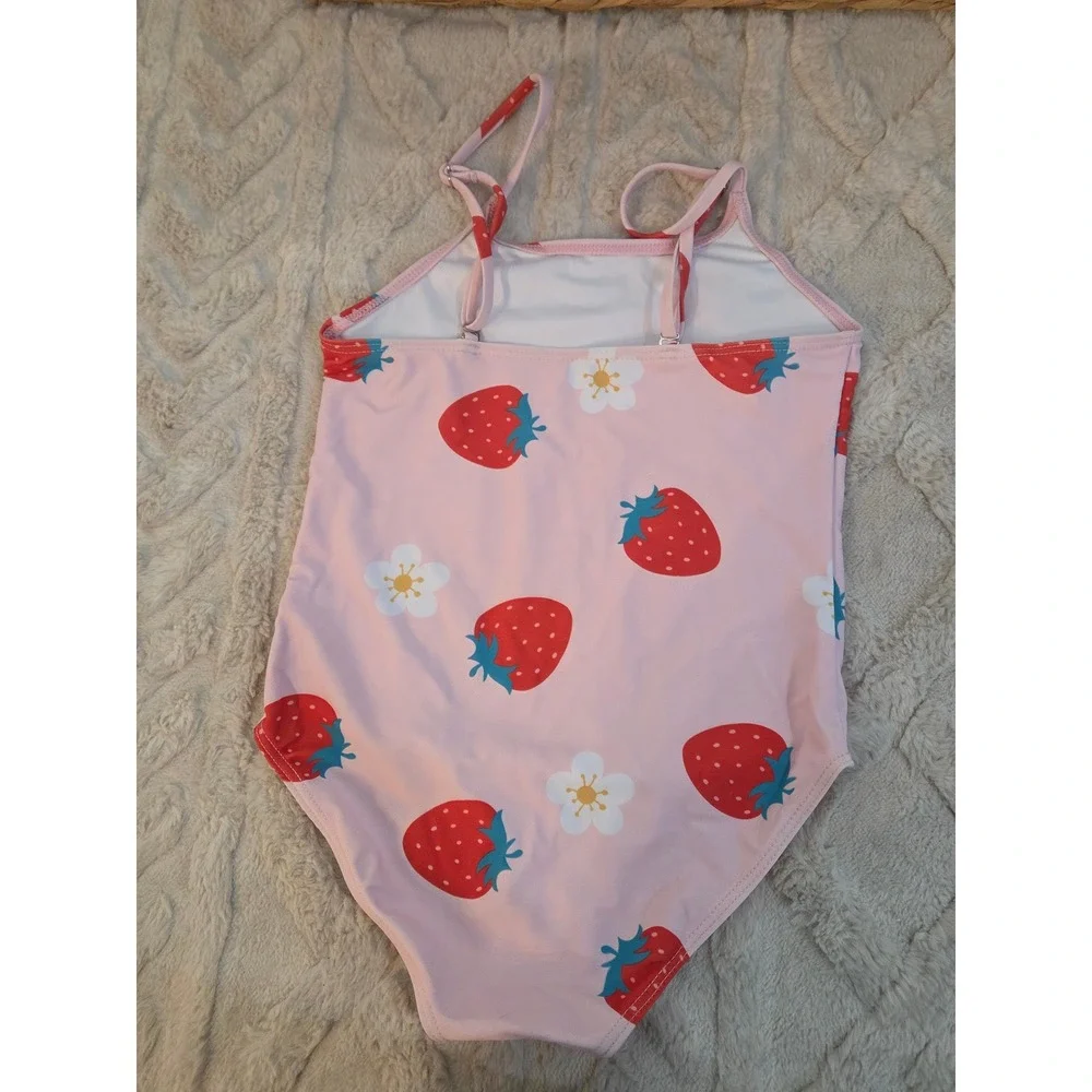Girls Pink Strawberry Flower Print‎ One Piece Swimsuit Size L Adjustable Straps